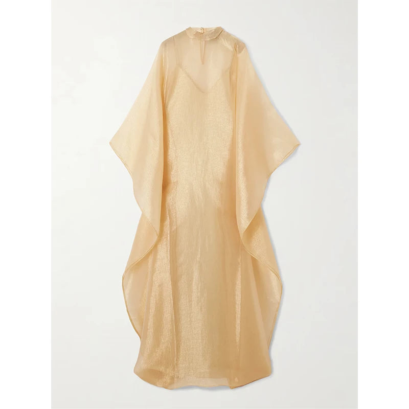 Draped Metallic Organza Gown Casual Stand Neckline Maxi Length Breathable Washable Front Logo Digital for Summer — Yellow