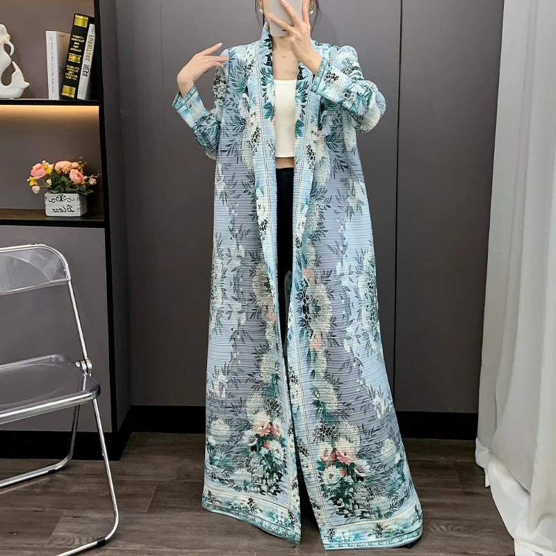Women Miyake Pleated Abaya 2025 Dubai Fashion Modest Muslim Robe Long Coat Floral Printed Plus Size Trench Front Open Cardigan — color 1