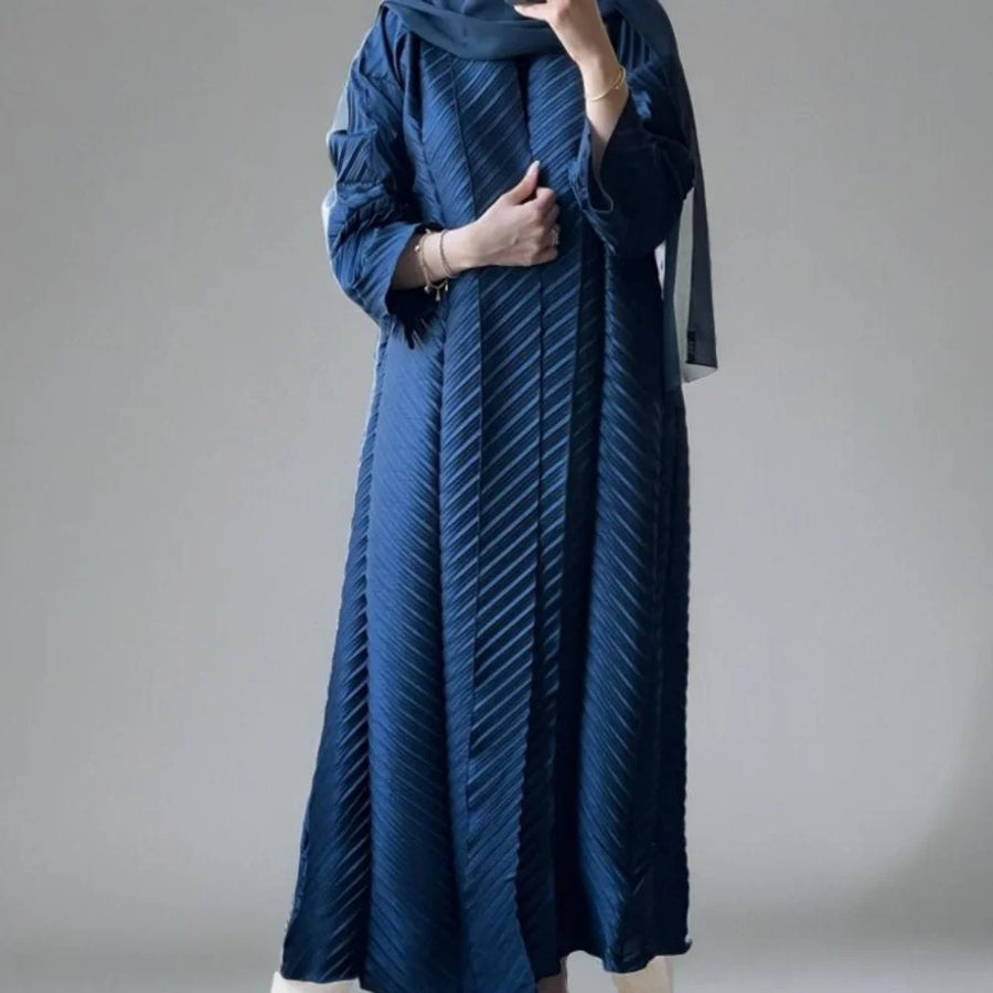 Factory Customize High Quality Abaya Dubai Style Plain Modest Pleated Open Front Cardigan Long Robe Plus Size Muslim Abayas Eid — Navy
