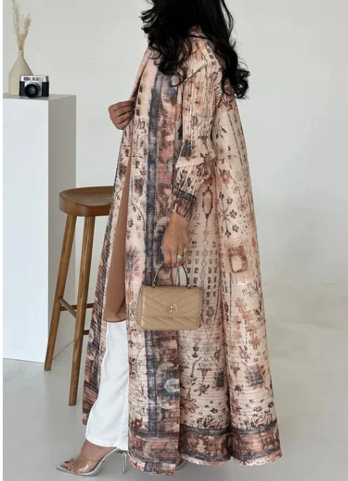 Miyake 2025 Open Abaya Women's Casual Pleated Trench Coat Printed Muslim Style Cardigan Long Robe Modest Loose Abayas Plus Size — 3