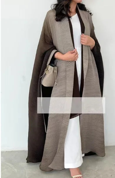 Factory Pleats Miyake Open Abaya 2025 Long Robe Elegant Cardigan Scarf Collar Bat Sleeve Casual Modest Muslim Abayas for Women — Brown