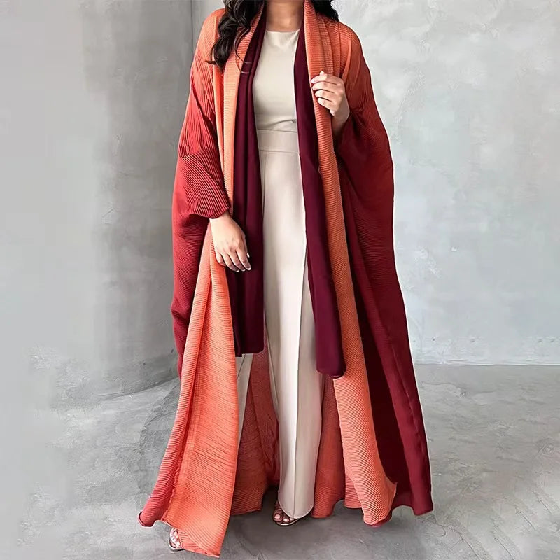 Factory Pleats Miyake Open Abaya 2025 Long Robe Elegant Cardigan Scarf Collar Bat Sleeve Casual Modest Muslim Abayas for Women — Orange