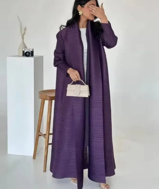 Miyake Pleated Open Abaya Women Muslim Modest Style Lady Cardigan Coat Solid Color Belt Long Sleeves Plus Size Fits All ODM Gown — Purple