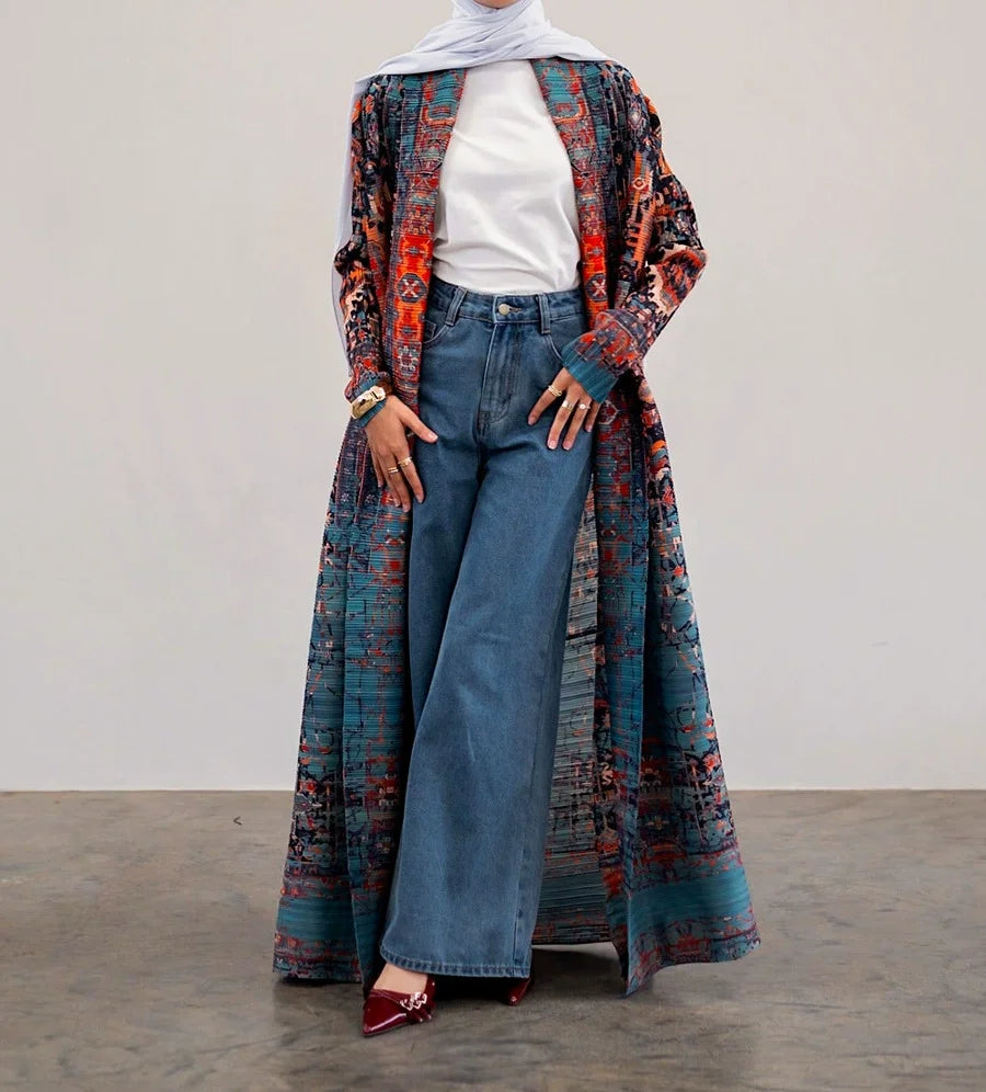 ODM Miyake Pleated Abaya Women Muslim Dress Middle East Printed Plus Size Modest Robe Traditional Dresses for Church Tall Ladies — Blue