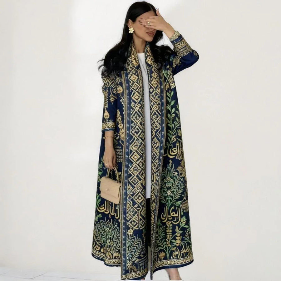 Customized Dubai Style Middle East Abaya for Women Modest Open Cardigan Kaftan Coat for Ramadan Light Luxury Pleated Long Robe — print color 1