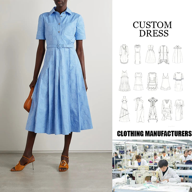 Classic A-Line Women's Dress Neck Soft Fabric Flattering Silhouette for Daily Casual Wear Summer Natural Front Washable for Day — Sky Blue