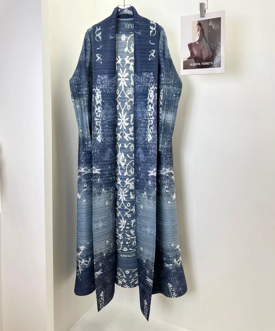 Factory Customized High Quality Front Open Abaya Elegant Miyake Pleated Long Robe Print Kaftan Loose Modest Abayas for Women — color-9