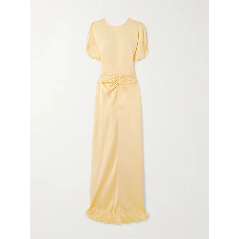 Elegant Custom-Made Casual Summer Linen Chiffon Eco-Friendly Washable Slit Short-Sleeve Long Dress for Women — Golden