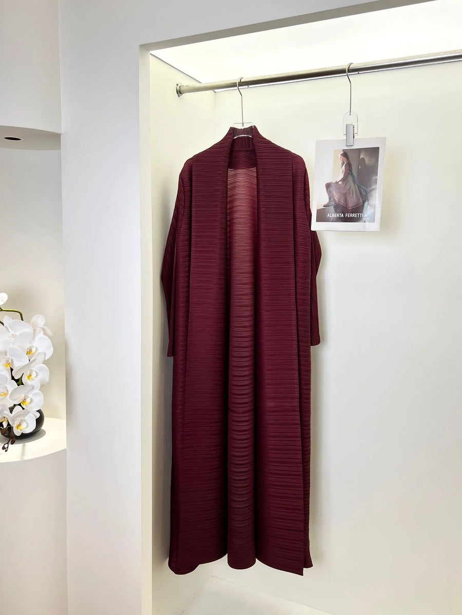 Miyake Pleated Open Abaya Women Muslim Modest Style Lady Cardigan Coat Solid Color Belt Long Sleeves Plus Size Fits All ODM Gown — Wine red