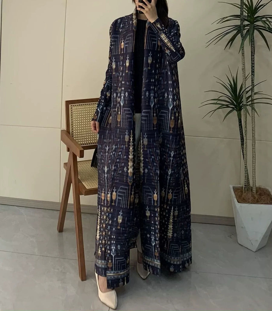 Miyake Pleated Abaya Women Muslim Dress Vintage Plus-Size Print Long Robe Pour Femme Casual Jacket for Tall Ladies All Season — Navy