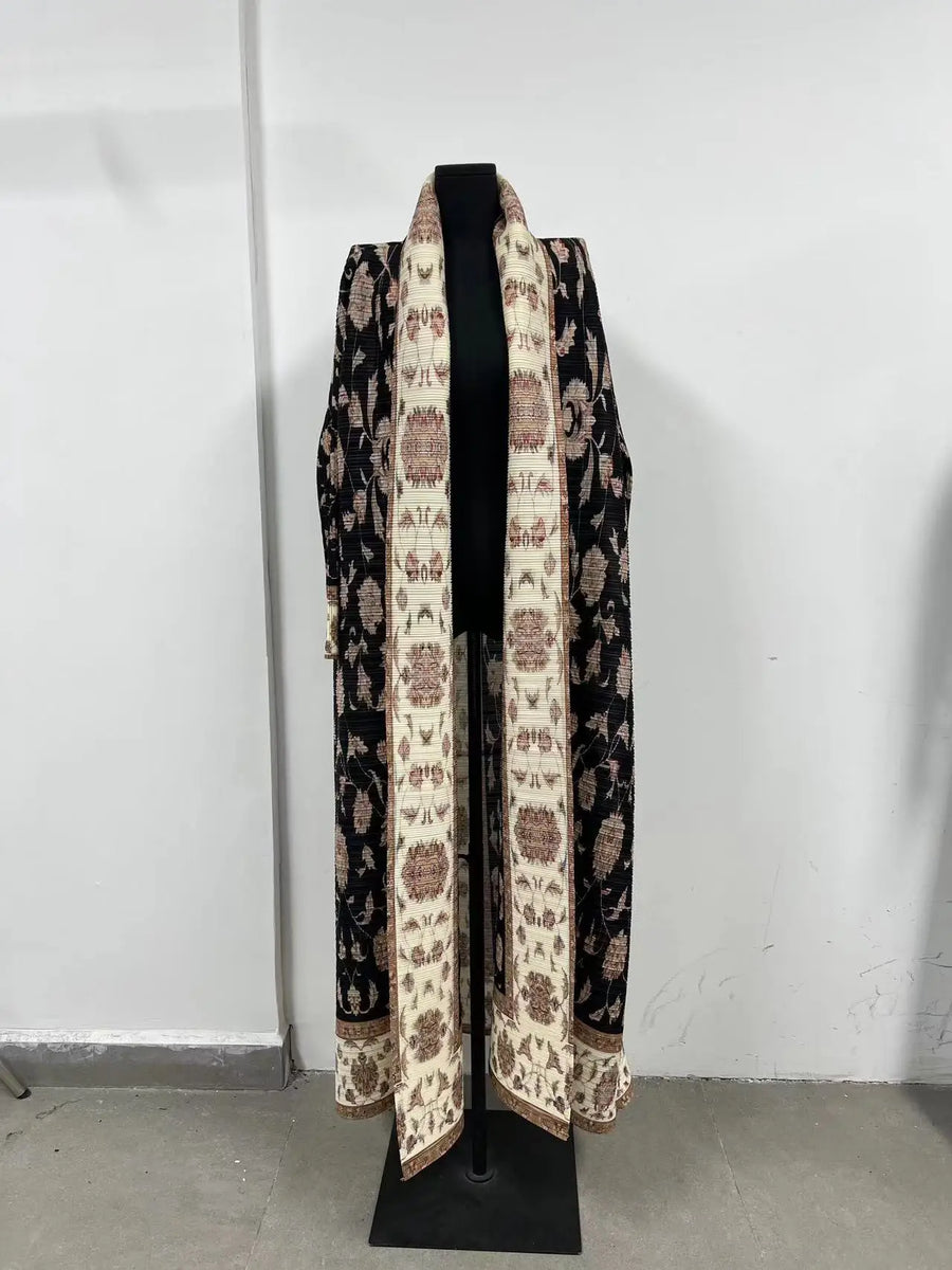 Miyake Pleated Abaya Women Muslim Dress Turndown Collar Floral Printed Modets Jacket Style Long Robe Pour Femme for Tall Ladies — color 1