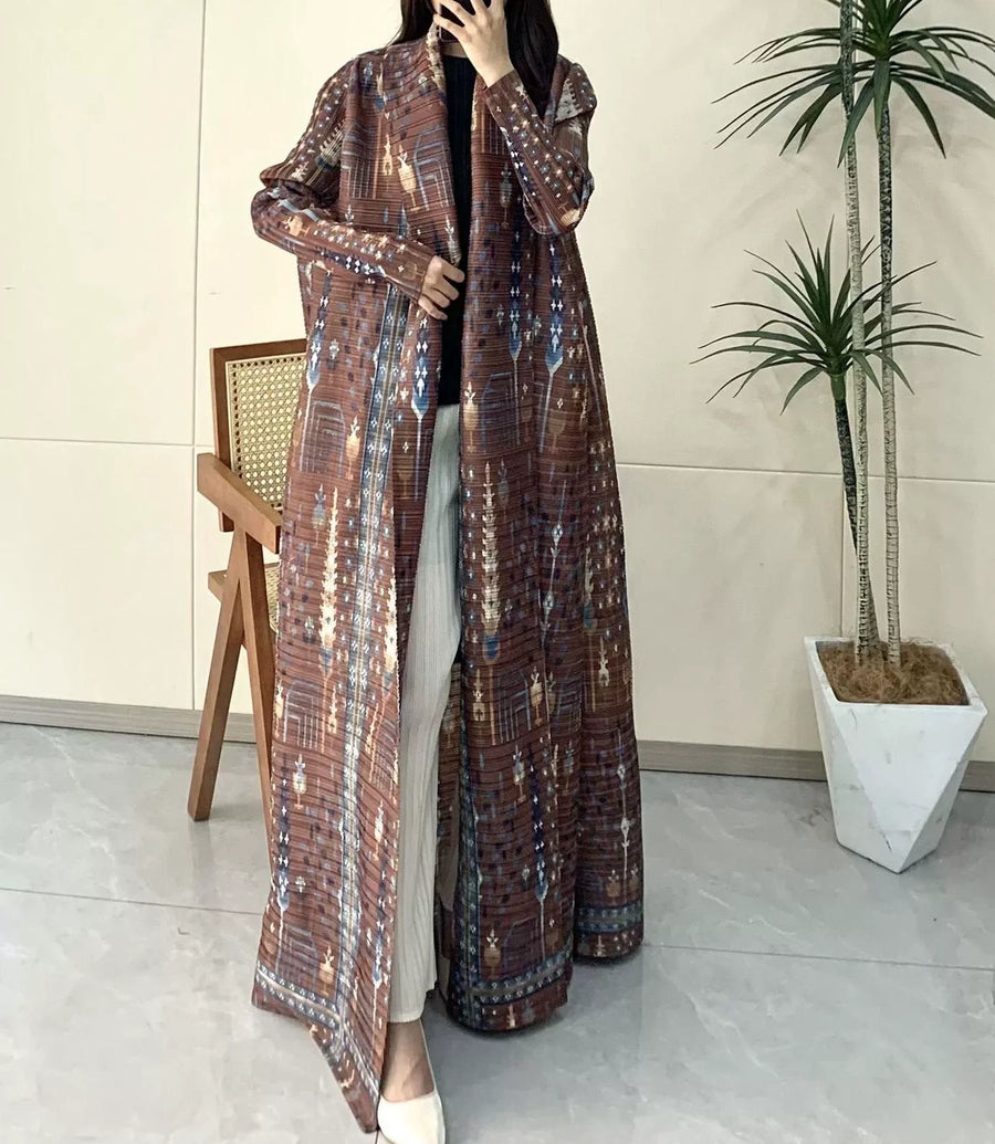 Miyake Pleated Abaya Women Muslim Dress Vintage Plus-Size Print Long Robe Pour Femme Casual Jacket for Tall Ladies All Season — Brown