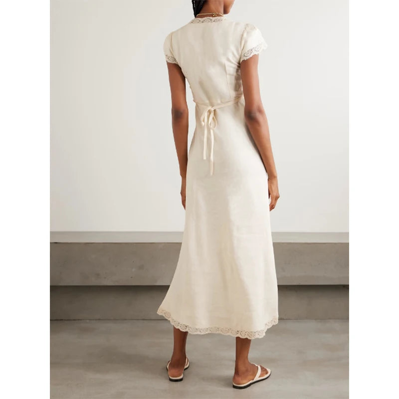 Customized Women's Elegant Midi Dress Solid Color Lace Trim V-Neck Short Sleeves Casual Summer ODM/OEM Service Natural Maxi — White