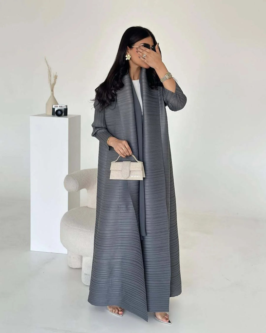 Miyake Pleated Open Abaya Women Muslim Modest Style Lady Cardigan Coat Solid Color Belt Long Sleeves Plus Size Fits All ODM Gown — Gray