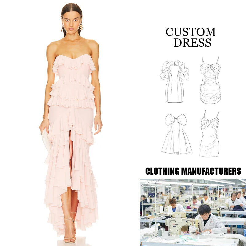 Chiffon Bodycon Midi Dress Sexy Strapless Sleeveless Slit Tassel Pleated Flared Ruffled Solid Casual Style for Summer — Pink