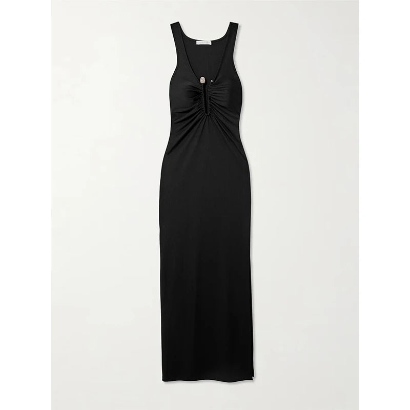 New Summer Casual Sleeveless Loose Fit Women's Maxi Halter Top with Center Slit Sexy Natural Woven Cotton Linen Button Dress — Black