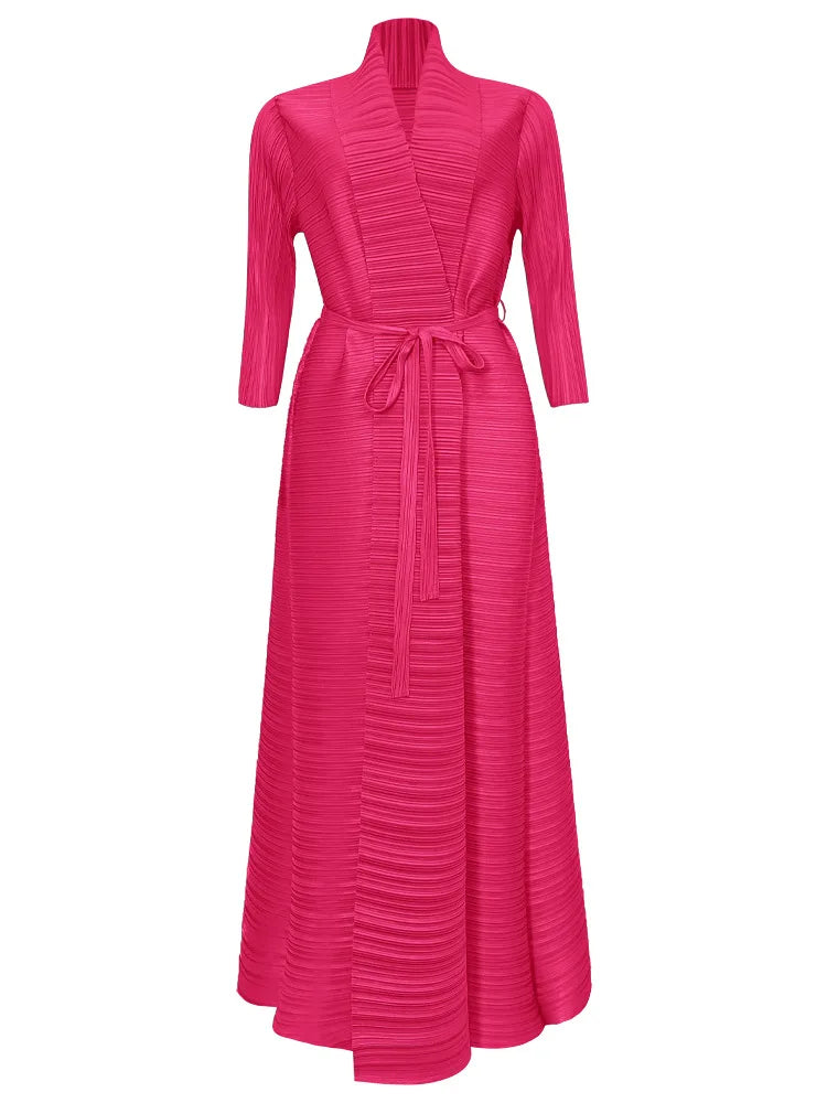 Miyake Pleated Abaya 2025 Robe Dubai Jacket Style Wrinkled Cape Breathable Solid Abayas for Women ODM Modest Long Dress Church — Deep pink