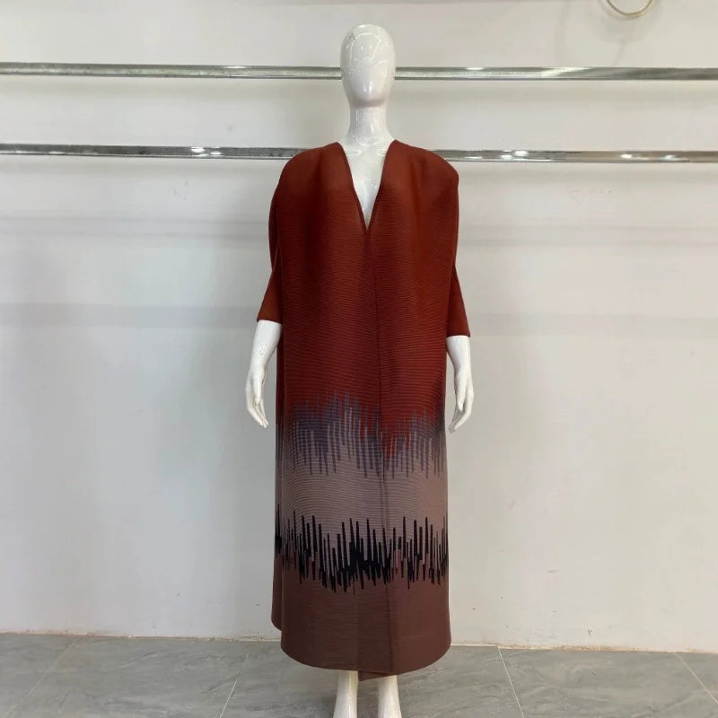 Miyake Pleated Open Abaya 2025 Women's Plus Size Elegant Loose Printed Cardigan Style Muslim Dress Modest Long Robe with Orange — Orange - Image 2