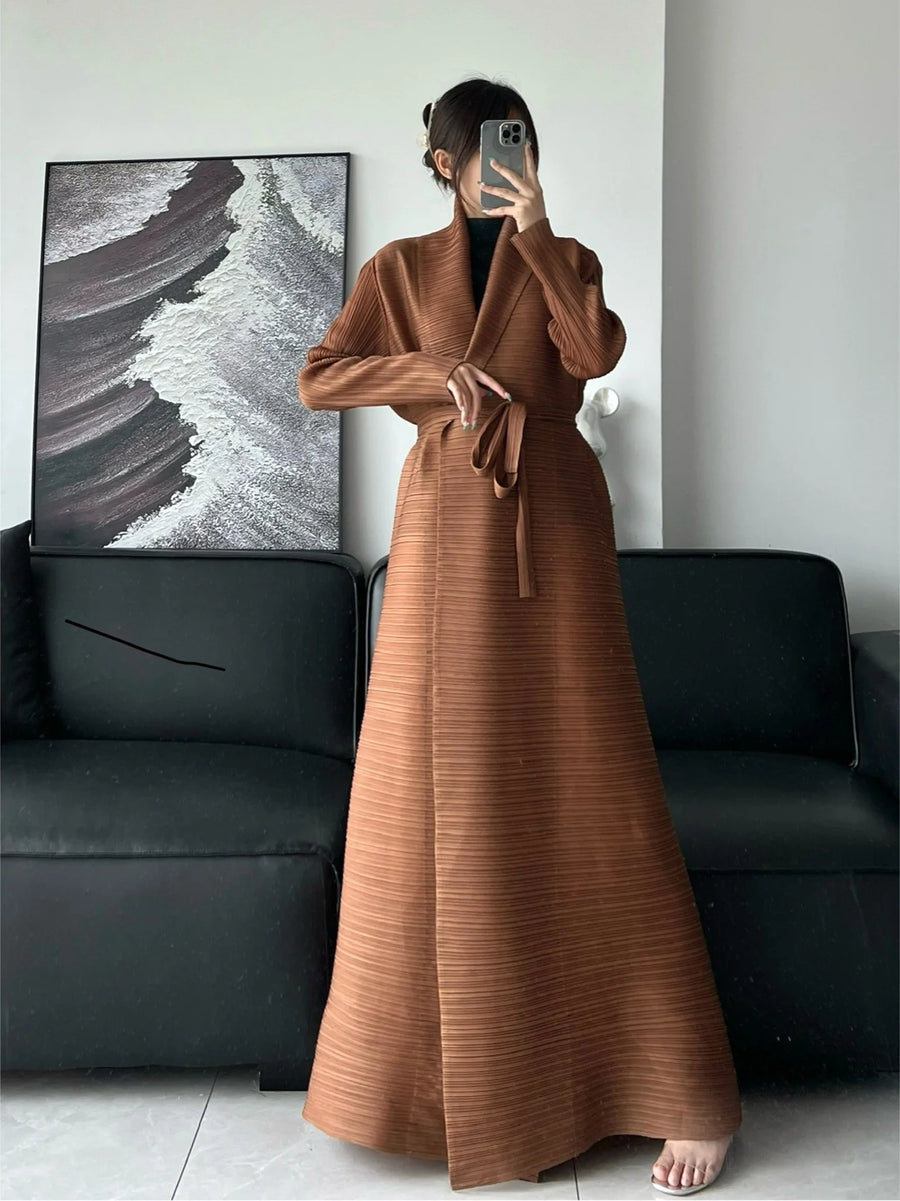 Miyake Pleated Open Abaya Women Muslim Modest Style Lady Cardigan Coat Solid Color Belt Long Sleeves Plus Size Fits All ODM Gown — Light brown