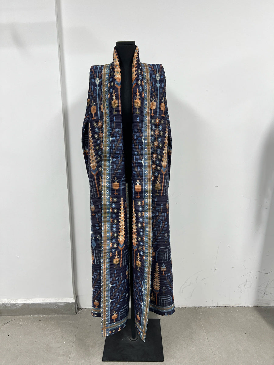 Miyake Pleated Abaya Women Muslim Dress Turndown Collar Floral Printed Modets Jacket Style Long Robe Pour Femme for Tall Ladies — color 6