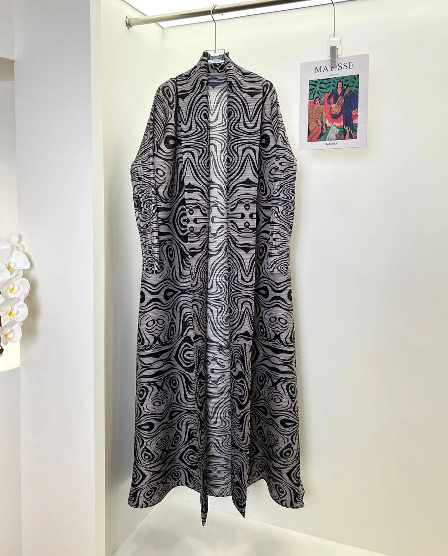 Factory Customized High Quality Front Open Abaya Elegant Miyake Pleated Long Robe Print Kaftan Loose Modest Abayas for Women — color-1 - Image 2