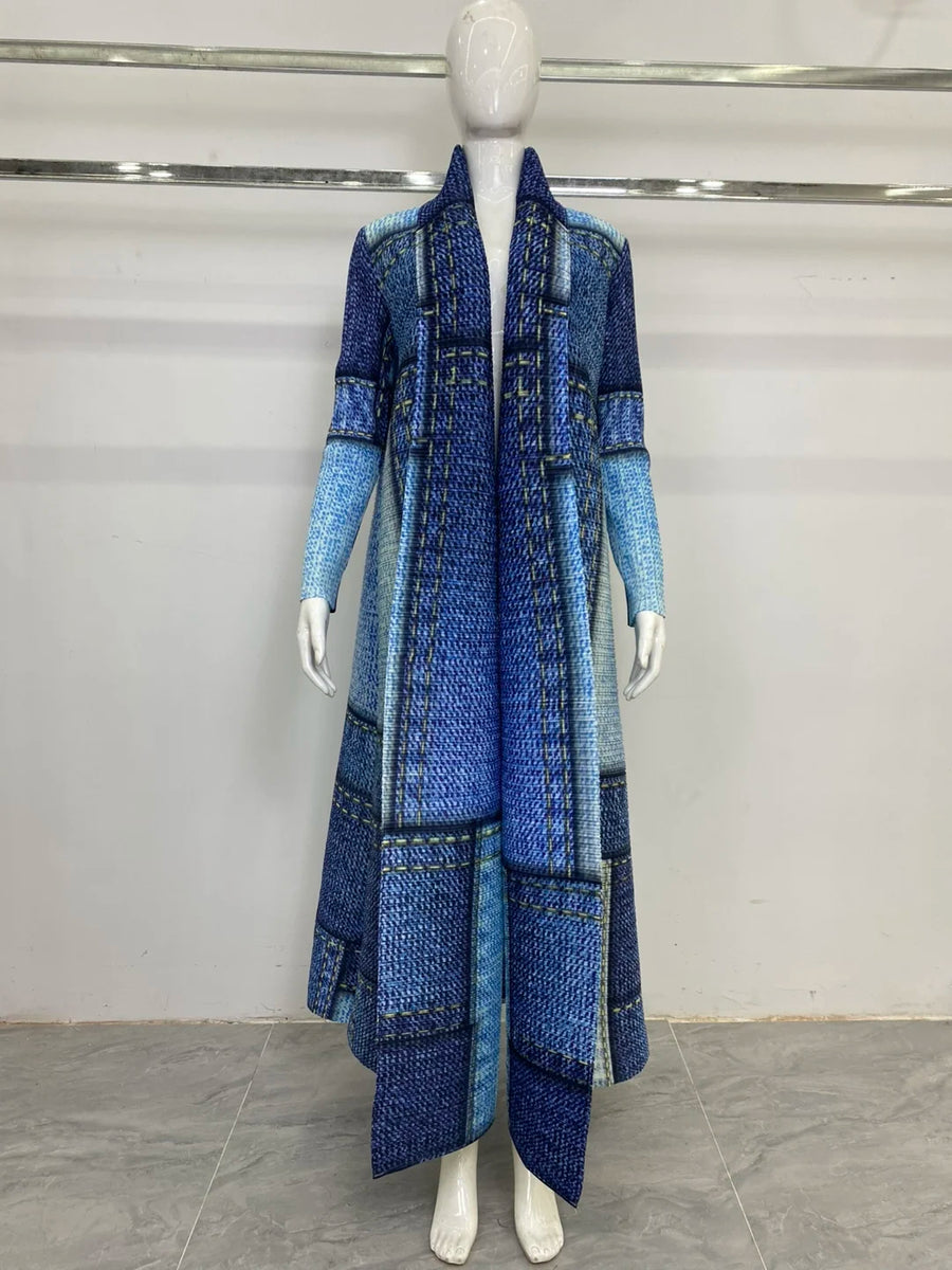 Pleats Miyake Open Abaya 2025 Retro Printed Muslim Dubai Modest Long Robe for Tall Ladies Loose Free Size Cardigan Style Abayas — Color-3