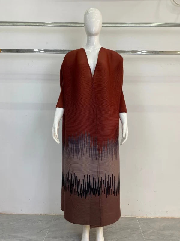 Pleats Miyake Open Abaya 2025 Retro Printed Muslim Dubai Modest Long Robe for Tall Ladies Loose Free Size Cardigan Style Abayas — Color-5
