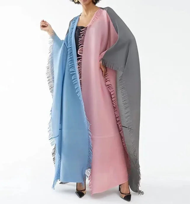 Miyake Pleated Open Abaya 2025 Women's Plus Size Elegant Loose Printed Cardigan Style Muslim Dress Modest Long Robe with Orange — color 3