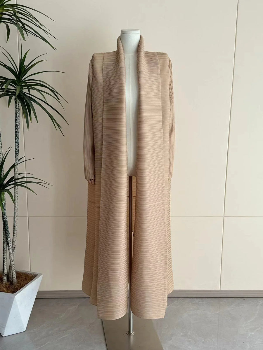 Miyake Pleated Open Abaya Women Muslim Modest Style Lady Cardigan Coat Solid Color Belt Long Sleeves Plus Size Fits All ODM Gown — Ivory