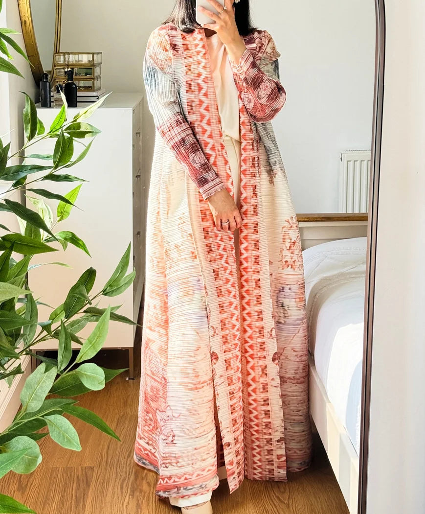 ODM Miyake Pleated Abaya Women Muslim Dress Middle East Printed Plus Size Modest Robe Traditional Dresses for Church Tall Ladies — Blue - Image 2