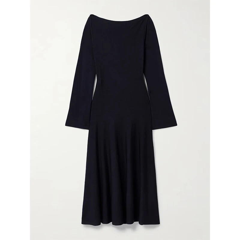 Elegant Navy Blue Casual Summer Long-Sleeve A-Line Breathable Woven Maxi Dress Graceful Flowing Silhouette for Timeless Style — Navy