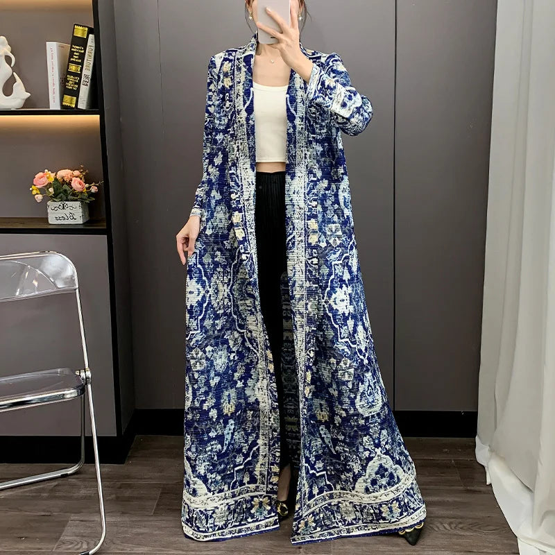 Women Miyake Pleated Abaya 2025 Dubai Fashion Modest Muslim Robe Long Coat Floral Printed Plus Size Trench Front Open Cardigan — color 5