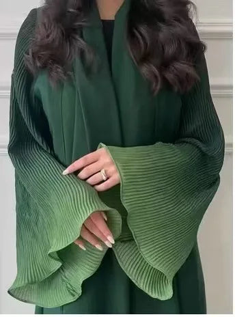 High Quality Abaya 2025 Women's Muslim Dress for Church Gradient Cardigan Lapel Plus Size Pleated Long Robe Pour Femme Modest — Green
