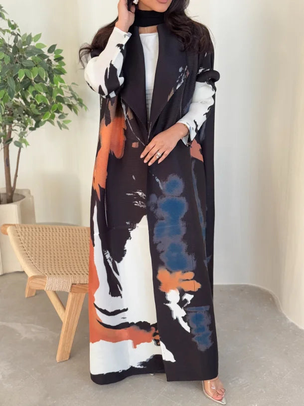 Miyake Open Pleats Abaya 2025 Dubai Modest Cardigan Style Casual Robe for Women Breathable Muslim Print Loose Eid Abayas — color-1