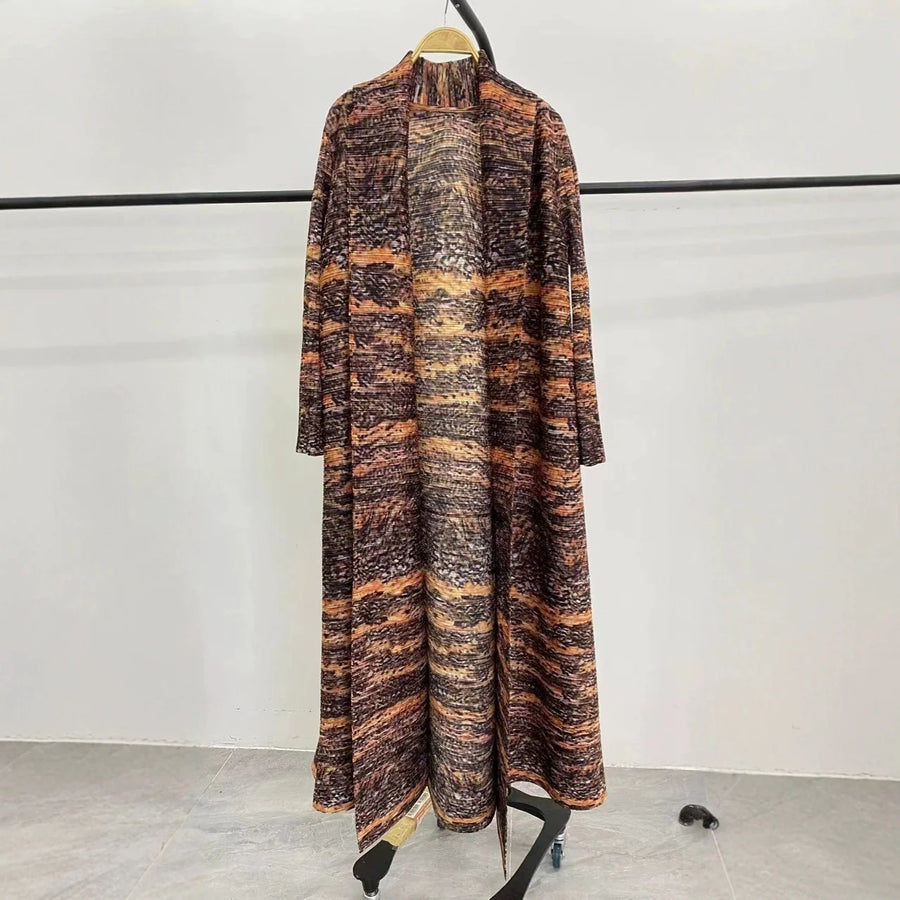 Factory Customized High Quality Front Open Abaya Elegant Miyake Pleated Long Robe Print Kaftan Loose Modest Abayas for Women — color-1