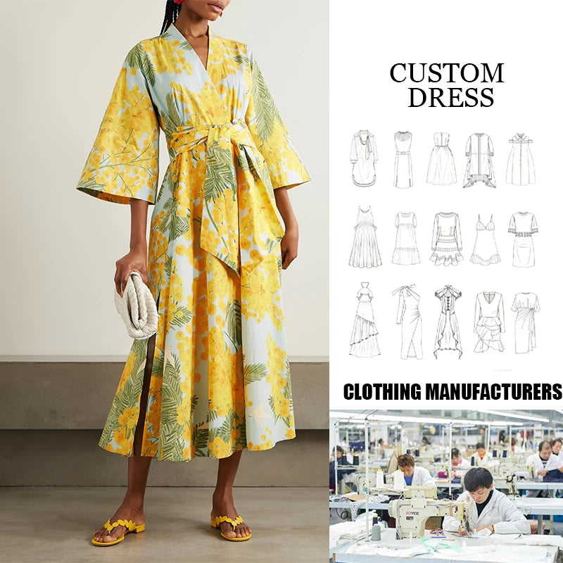 Casual Style European American Fashion Printed Chiffon Dress with Deep V Neck for Women Long Dress by Manufacturer — Yellow - Image 2