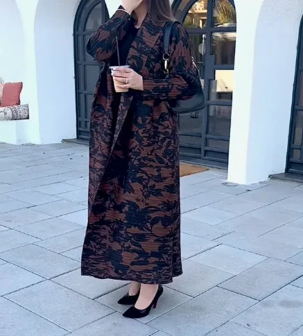 Factory Customized High Quality Front Open Abaya Elegant Miyake Pleated Long Robe Print Kaftan Loose Modest Abayas for Women — color-7