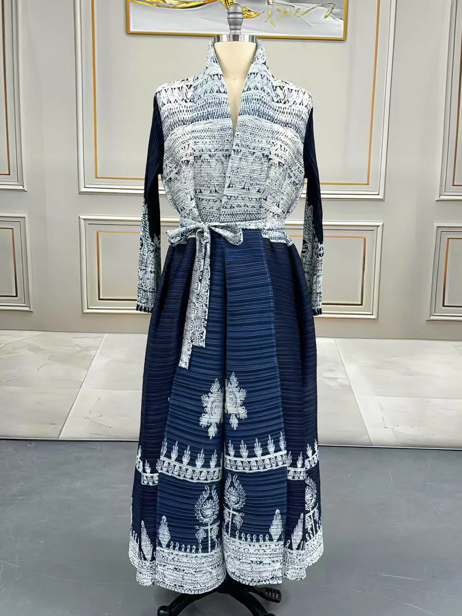 Pleats Miyake Open Abaya 2025 Retro Printed Muslim Dubai Modest Long Robe for Tall Ladies Loose Free Size Cardigan Style Abayas — Color-9