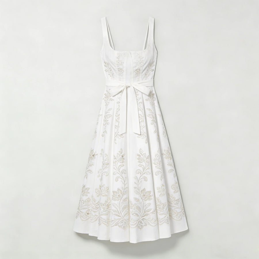 High Waist White Midi Dress for Women Flowy A-Line Pleated Dress Casual Office Wear for Summer — White