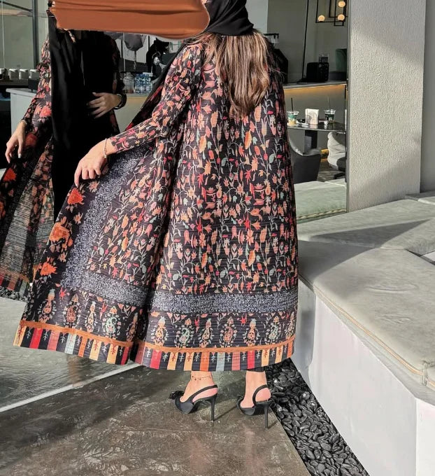Factory Customized High Quality Front Open Abaya Elegant Miyake Pleated Long Robe Print Kaftan Loose Modest Abayas for Women — color-3