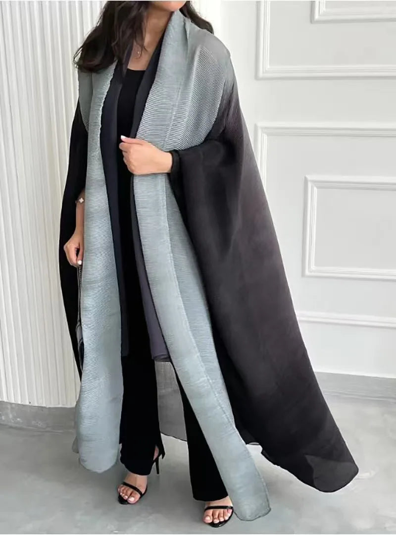 Factory Pleats Miyake Open Abaya 2025 Long Robe Elegant Cardigan Scarf Collar Bat Sleeve Casual Modest Muslim Abayas for Women — Black