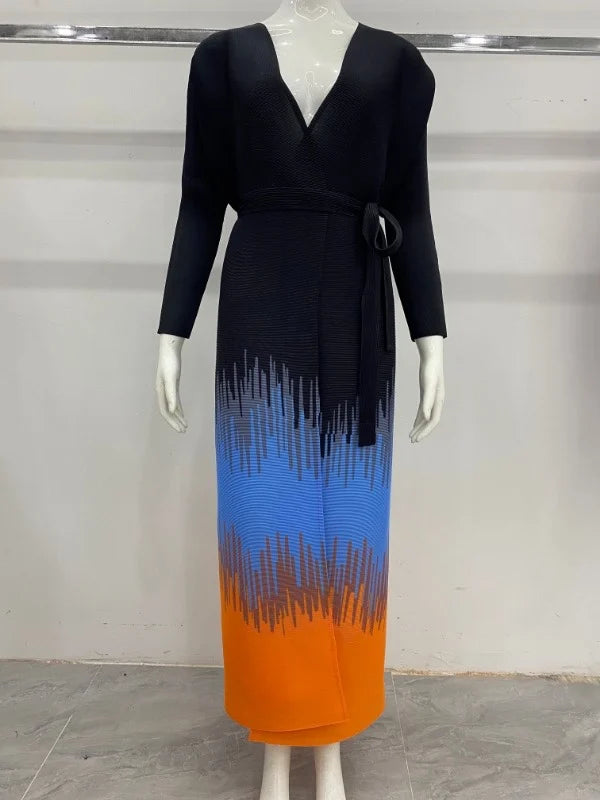 Pleats Miyake Open Abaya 2025 Retro Printed Muslim Dubai Modest Long Robe for Tall Ladies Loose Free Size Cardigan Style Abayas — Color-4