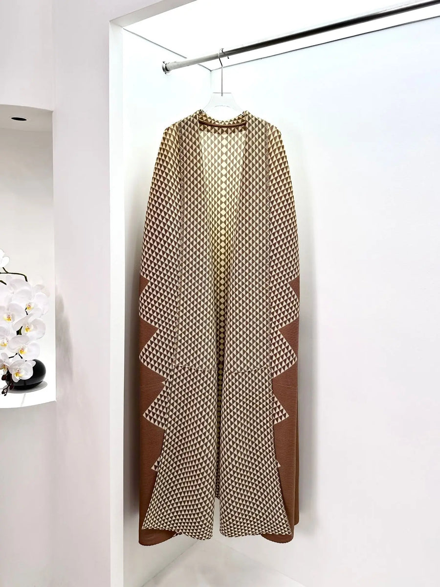Miyake Pleated Muslim Abaya Dress Color Block Polka Dot Diamond Plus Size Casual Long Robe Pour Femme for Tall Women Modest — Camel