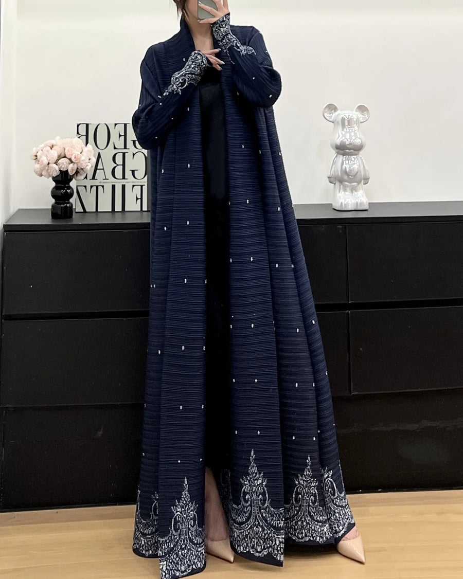 Factory Customized High Quality Front Open Abaya Elegant Miyake Pleated Long Robe Print Kaftan Loose Modest Abayas for Women — color-8