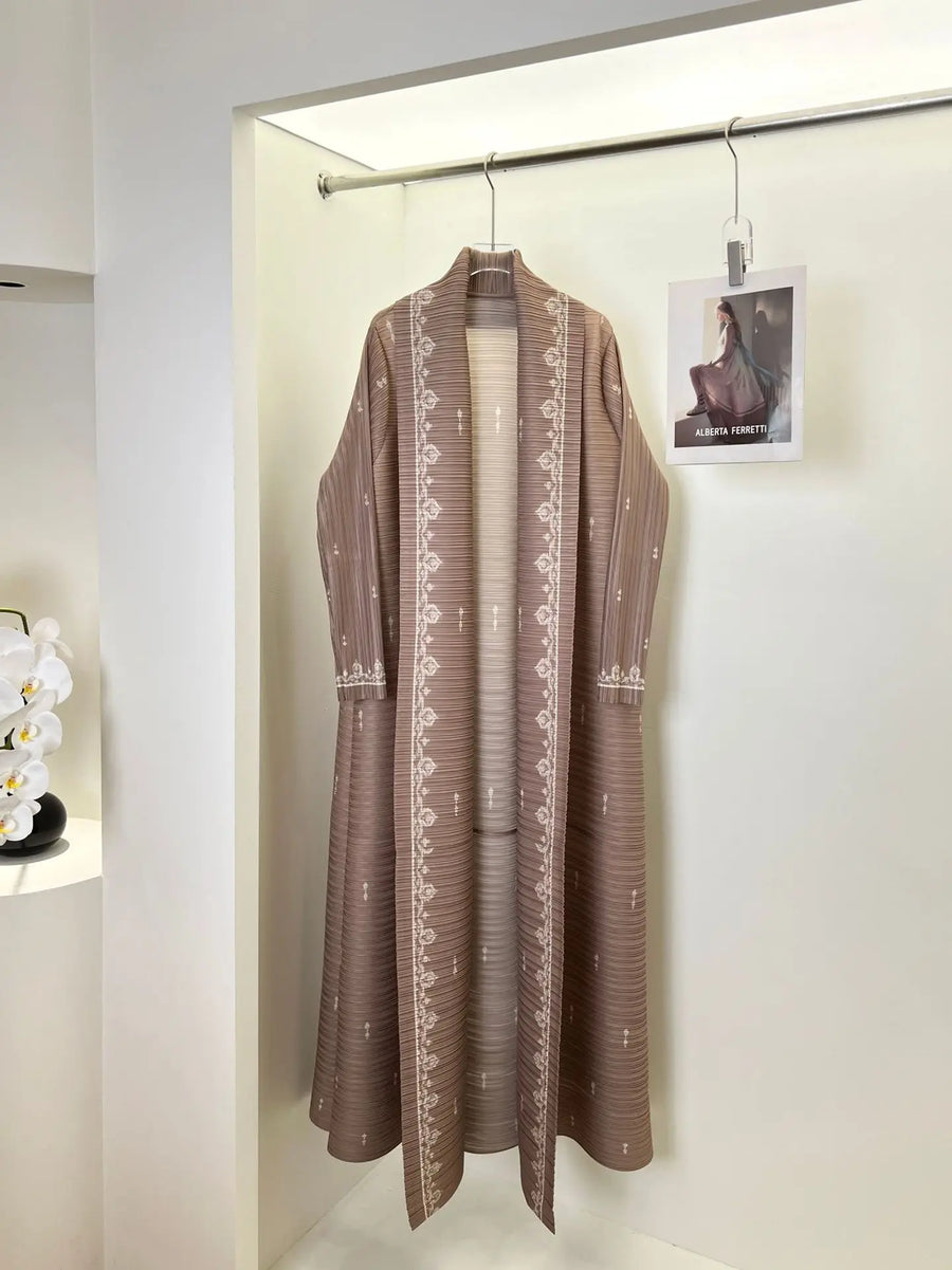 Abaya 2025 Women's Autumn Versatile Trench Coat Long Robe Pleated Overcoat Middle East Pleated Modest Open Front Kaftan ODM — Brown