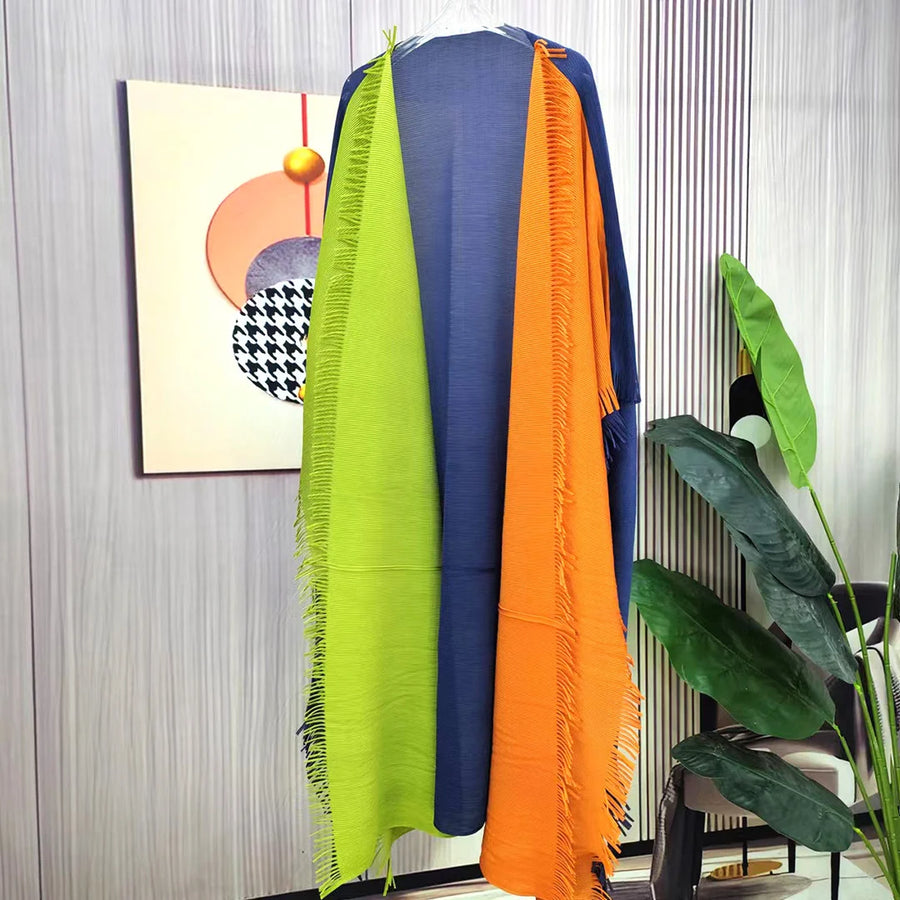 Miyake Pleated Open Abaya 2025 Women's Plus Size Elegant Loose Printed Cardigan Style Muslim Dress Modest Long Robe with Orange — color 4