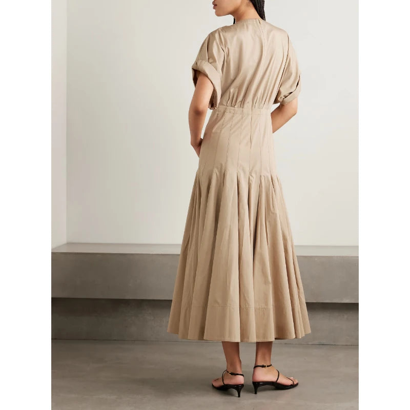 Women's Summer Vintage Casual Dress New Fashion Slim Pleated Drop Shoulder Short-Sleeved V-Neck Maxi Length — Khaki