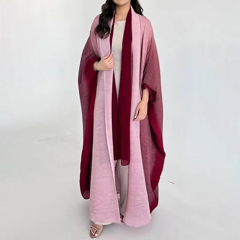 Factory Pleats Miyake Open Abaya 2025 Long Robe Elegant Cardigan Scarf Collar Bat Sleeve Casual Modest Muslim Abayas for Women — Pink