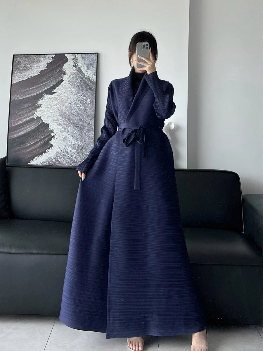 Miyake Pleated Open Abaya Women Muslim Modest Style Lady Cardigan Coat Solid Color Belt Long Sleeves Plus Size Fits All ODM Gown — Purple - Image 2