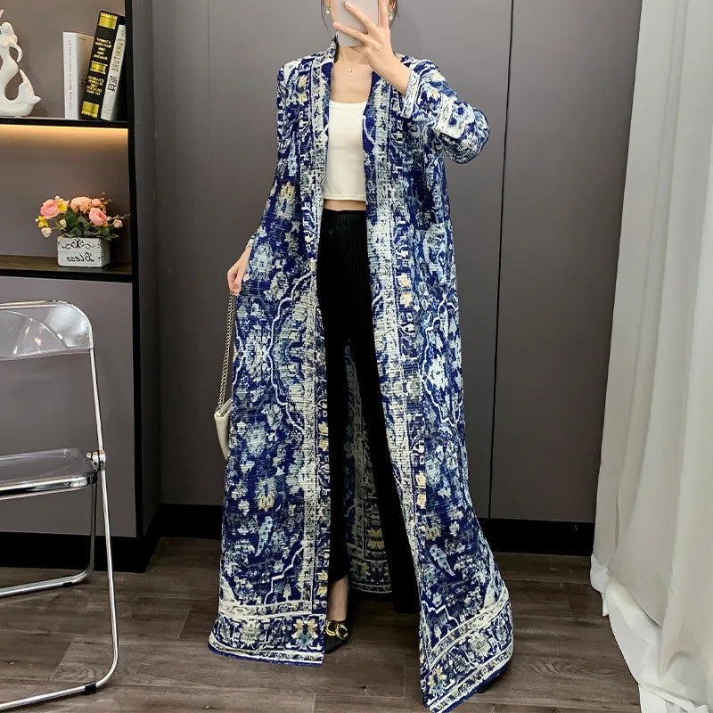 Miyake Abaya 2025 Autumn Collection Pleated Cardigan Open Front Floral Printed Middle Eastern Women's Modest Coat High Quality — color 1